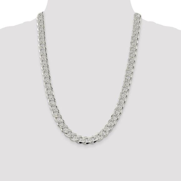 Men's 10.5mm, Sterling Silver Solid Pave Curb Chain Necklace, 24 Inch